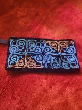 Vintage Fushi Ainu Pattern Embroidered Blue & Gold Coin Purse - Women Boho Bags